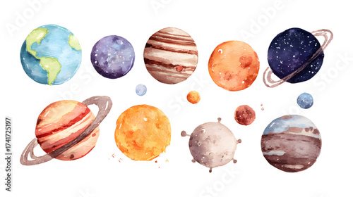 A colorful watercolor illustration of planets in the solar system, including Earth, Mars, Saturn with rings, and a spaceship, set against a starry white background
