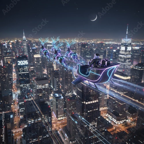 Futuristic Santa's Sleigh Over a Neon Cityscape (2026)