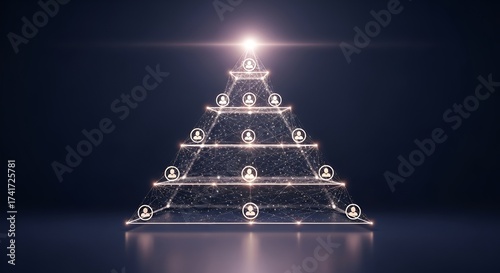 Glowing Pyramid of People Icons Connected by Network Lines on Dark Background