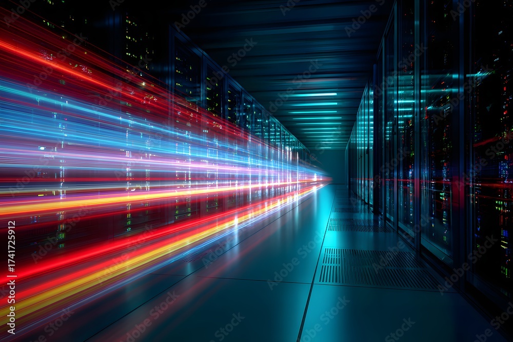 Fototapeta premium Futuristic glowing server room technology with motion blur and neon light streaks, bright digital data center