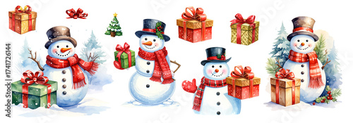 Set Christmas Snowmen in cylinder with gift box in winter forest. Watercolor New Year cards.