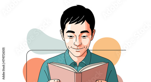A clean vector illustration portrays an Asian man with a peaceful smile engrossed in reading a book.