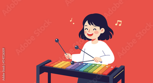 A cheerful girl playing a colorful xylophone, a vibrant and scalable vector illustration.