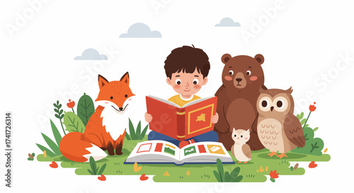 A charming vector illustration features a boy reading a book surrounded by friendly forest animals.