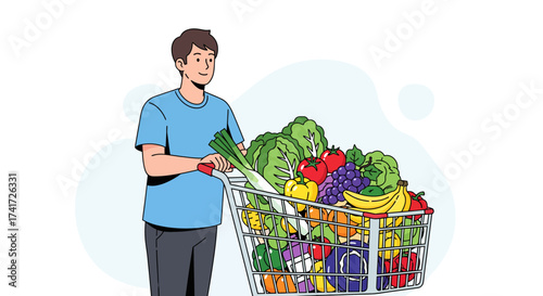 A clean vector illustration shows a smiling man pushing a grocery cart full of fresh produce
