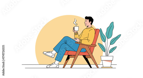 A crisp vector illustration of a man relaxing in a chair with a steaming cup.