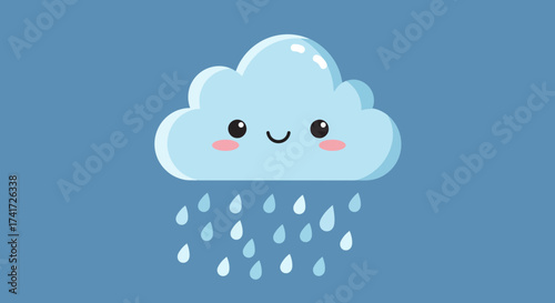 A cute light blue cartoon cloud illustration with a happy face and falling raindrops.