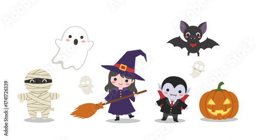 A delightful vector illustration set featuring cute Halloween characters for festive designs.