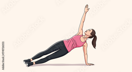 A female athlete maintains a side plank yoga pose in a stylized vector illustration.