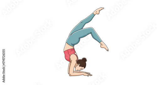 A dynamic vector illustration depicts a woman in an advanced yoga inversion pose.