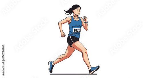 A dynamic vector illustration of a female athlete running in a race with a bib number.