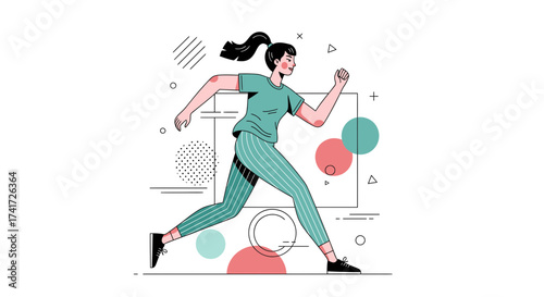 A flat vector illustration of a running woman with abstract geometric background elements