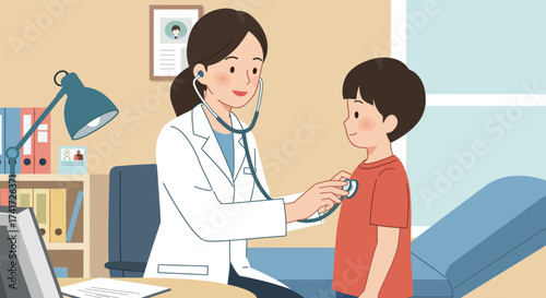 A friendly pediatrician uses a stethoscope to examine a smiling young boy in a clean medical illustration.