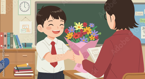 A happy boy student presenting a vibrant flower bouquet to his teacher in a brightly illustrated classroom setting.