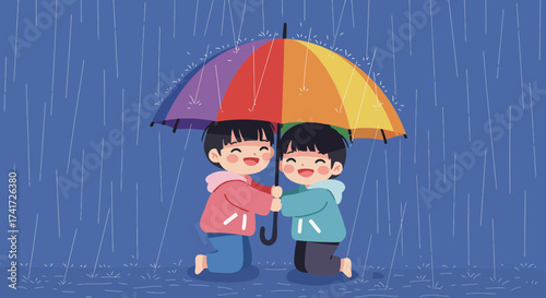A graphic vector artwork depicts two happy children huddling under a bright, multi-colored umbrella.