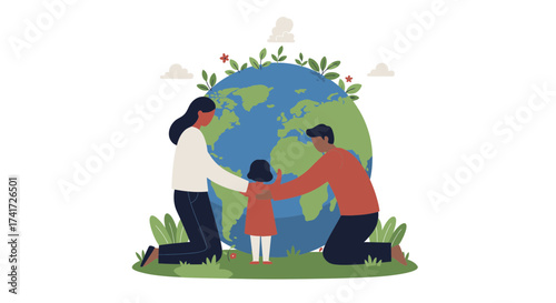 A vibrant flat illustration of a family protecting and caring for planet Earth.