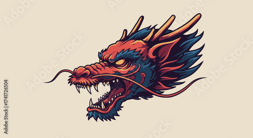 A vibrant vector illustration of an aggressive mythical dragon head with bold lines