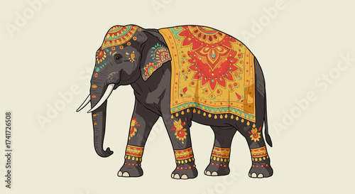 A vibrantly decorated Indian elephant illustration showcases clean lines and cultural patterns.
