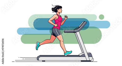 A woman runs on a treadmill in a stylized vector illustration with clean lines.