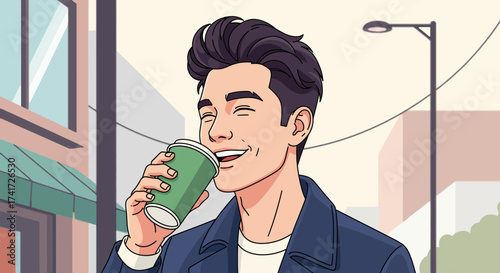 Cheerful young man enjoying a coffee in a vibrant urban vector illustration