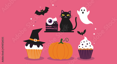 Clean Halloween vector illustrations featuring a black cat, ghost, bats, pumpkin, and treats