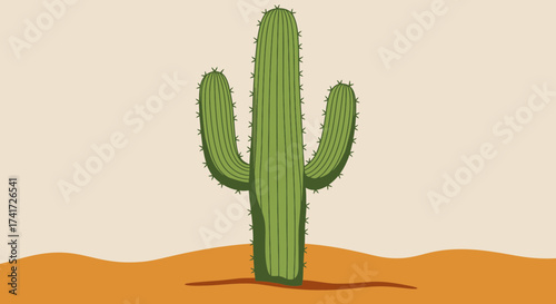 Clean line saguaro cactus vector illustration with desert sand ground