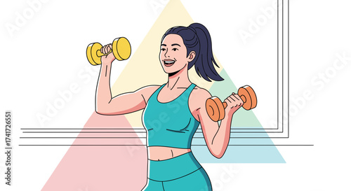 Clean line vector illustration of a happy woman lifting dumbbells during a workout.