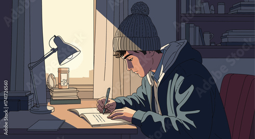 Clean line vector illustration of a young man studying at a desk with books and a lamp