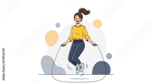 Happy woman skipping rope exercise with clean vector lines and geometric background shapes