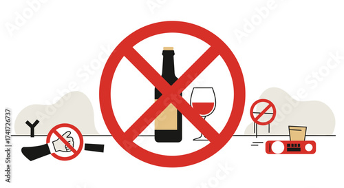 Illustrative prohibition signs for alcohol, smoking, and impaired driving awareness