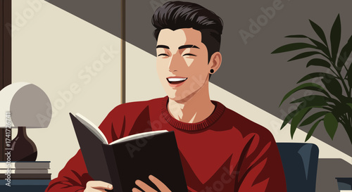 Illustrative vector graphic of a joyful young man happily reading a book at home