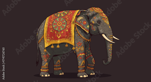 Illustrative vector graphic of a majestic decorated Indian elephant with cultural patterns