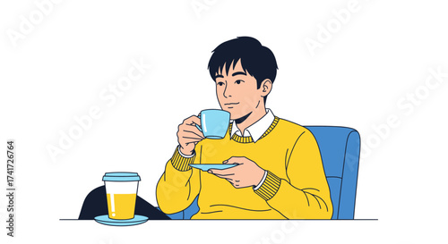 Illustrative vector design showing a man enjoying a hot beverage with a disposable cup nearby
