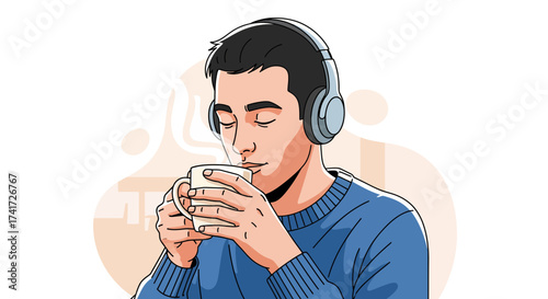 Illustrative vector graphic of a man with headphones enjoying a warm drink