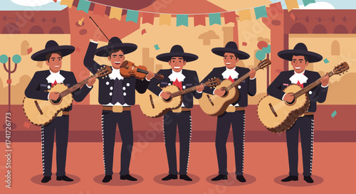 Illustrative mariachi band performs with traditional instruments in a vibrant cultural celebration.