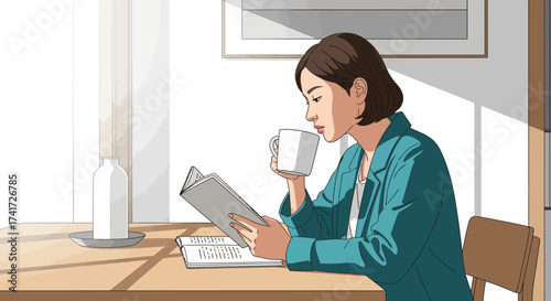 Illustrative vector graphic of a woman reading a book and drinking coffee in a sunlit room.