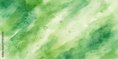 Abstract green background with close up of peas and leaf with water drops