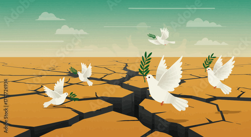 Scalable vector illustration of white doves carrying olive branches above parched cracked ground