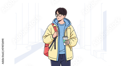 Stylish young man illustration with backpack and coffee cup in clean vector art