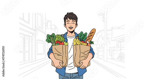 Smiling young man cartoon character carries fresh grocery bags in a clean vector illustration.