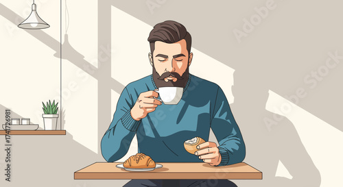 Stylized vector illustration of a bearded man enjoying coffee and breakfast in morning light