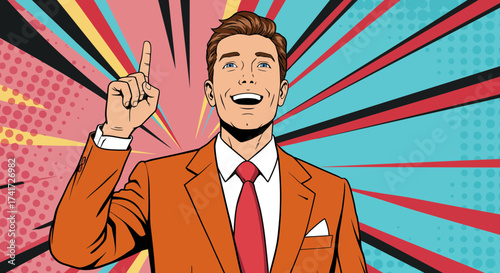 Stylized vector illustration of a happy businessman having an idea in pop art style.