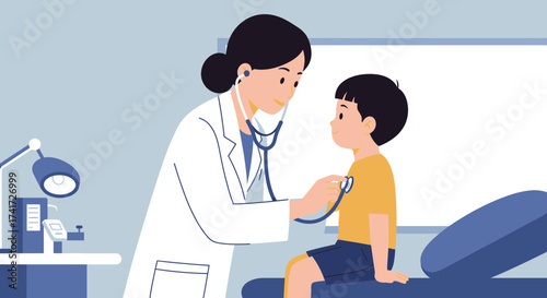 Stylized vector illustration of a pediatrician performing a check-up on a child patient.