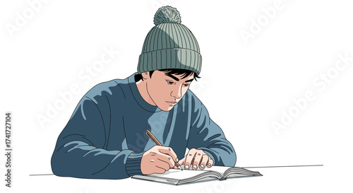 Vector illustration of a young person writing in a notebook with a pen, wearing a beanie