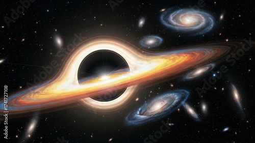 colossal black hole dominates deep space encircled by vibrant orange-yellow-blue accretion disk with warped light Numerous spiral galaxies populate the star-studded background appearing distorted
