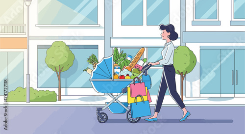 Woman walking and pushing grocery-filled stroller with shopping bags in vector illustration