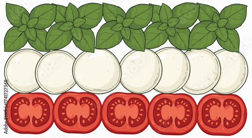 Fresh Basil Leaves, Mozzarella Slices, and Ripe Tomato Halves Arranged