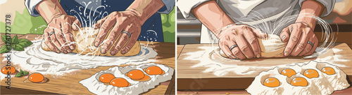 Close-up of Hands Kneading Dough with Flour and Egg Yolks on a Wooden Board