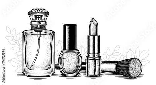 Elegant Cosmetics Collection in Vintage Engraving Style: Luxury Beauty Items in Black and White Sketch Execution