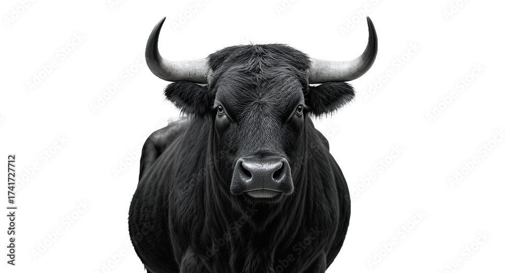Naklejka premium Majestic Black Bull Portrait on Gray Background